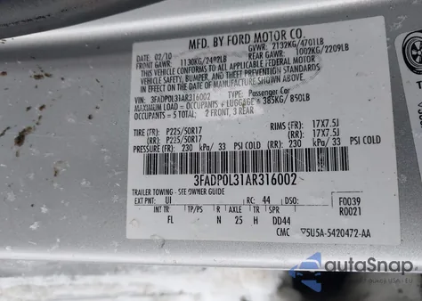 2010 Ford Fusion Hybrid z USA, uszkodzony, nr VIN 3FADP0L31AR316002